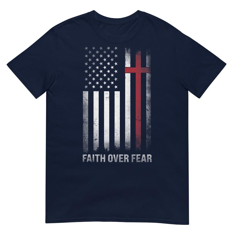 Christian Us Usa Flag American Christ Faith Over Fear Cross Tshirt S