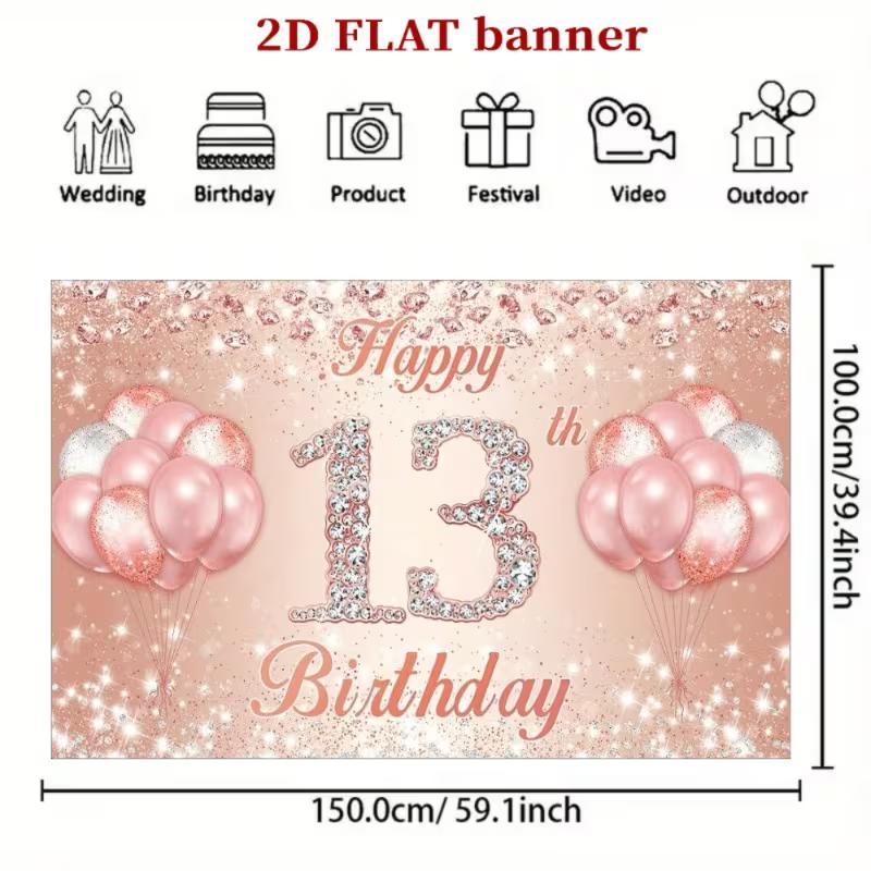Stendardo di Buon Compleanno 2D Oro Rosa, Festa con Palloncini Glitterati per il 13° Compleanno e Sfondo Live
