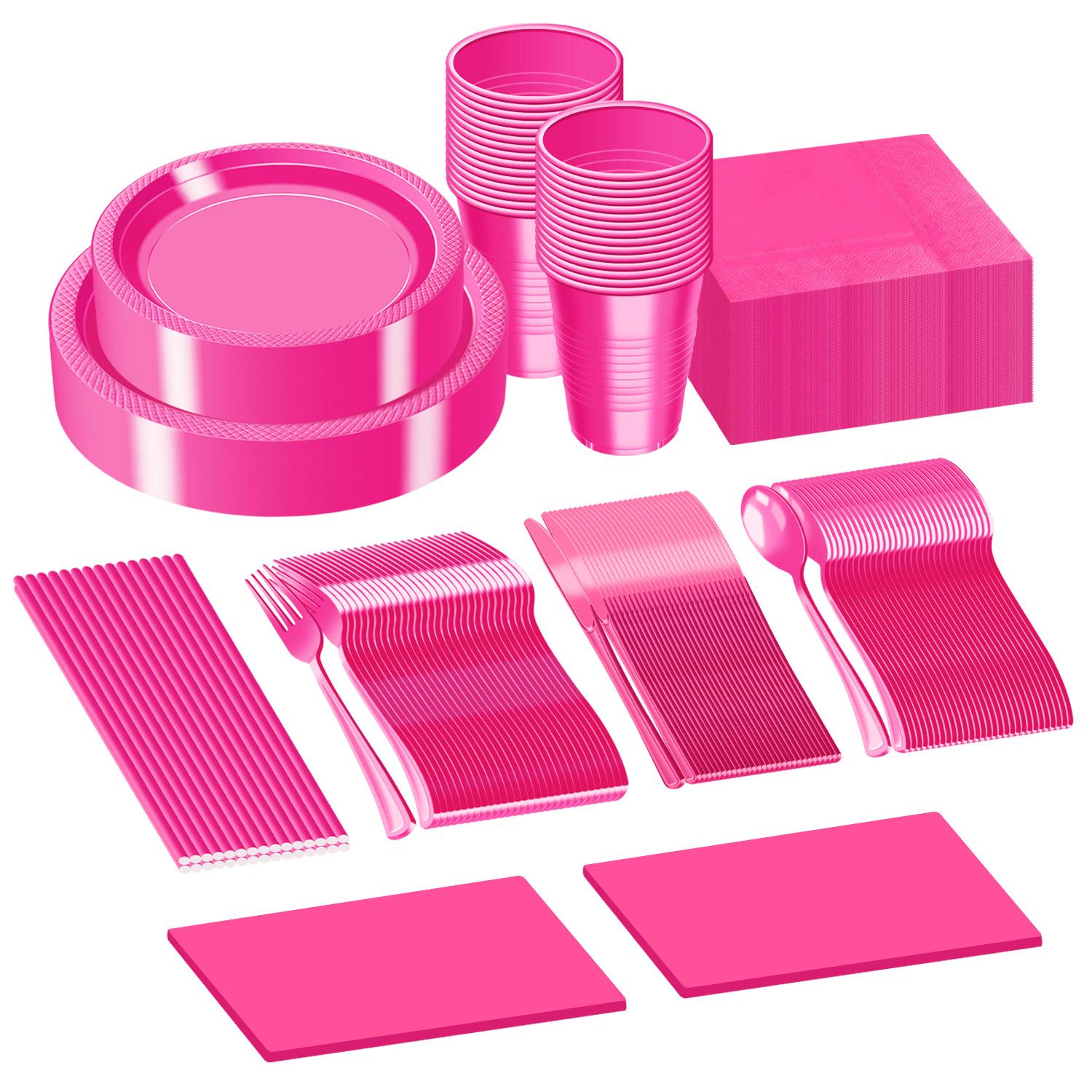 

Disposable Plastic Plate Set, Solid Color Party Tableware, Birthday Decoration Plate And Cup Set. 25 straws рожевий червоний колір