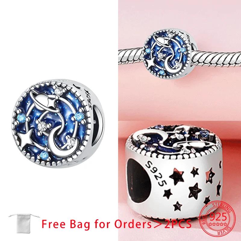Copper Blue Zircon Heart Love Starry Sky Moon Stars Charms Beads Fit Diy Bracelet Women Jewelry Delicate Fine Gift