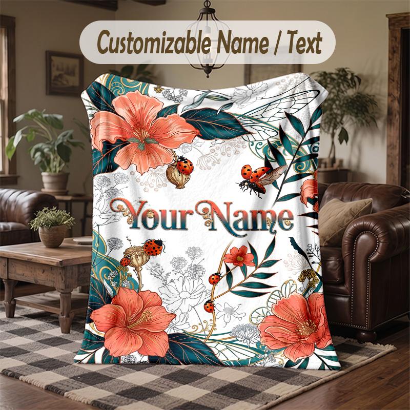 Floral Mandala Art Theme Throw Blanket Custom Name Text Personalized Blanket Soft Cozy Blanket for Home Sofa Bed