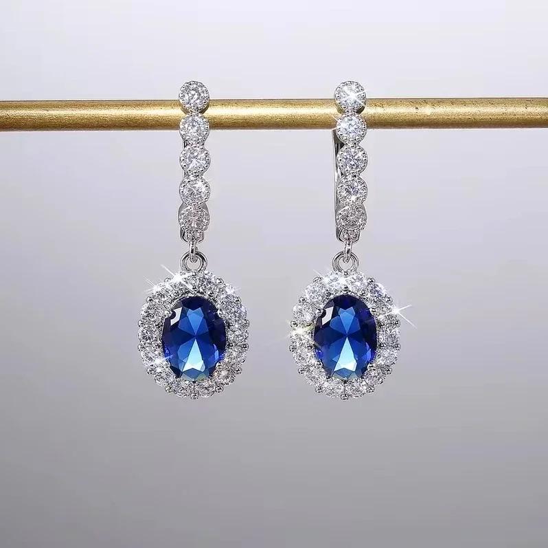 Royal Blue Zircon Oval Earrings Fashionable High-End Design Accessories for Banquets Personalized Simple Zircon