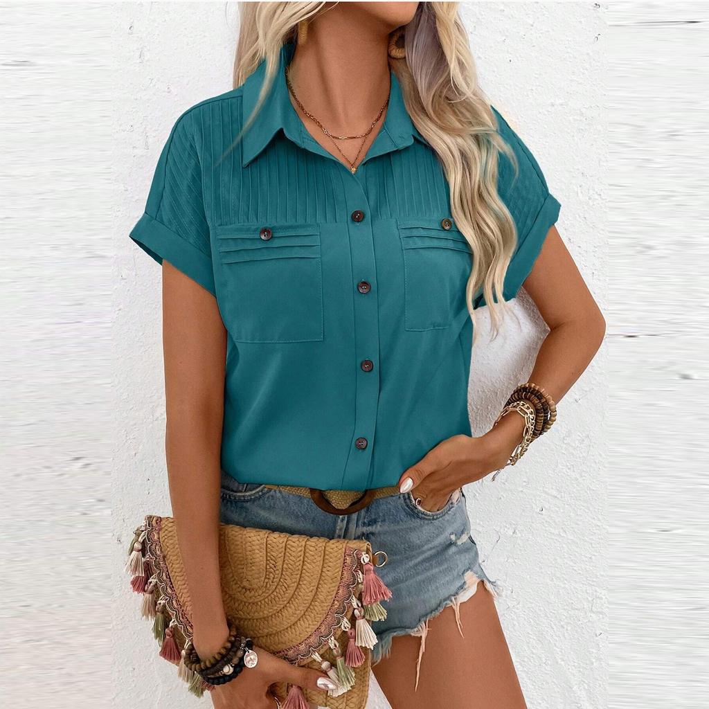 Tricou cu mânecă scurtă cu buzunar cu rever pentru femei, de culoare uni, cămașă cu un singur piept