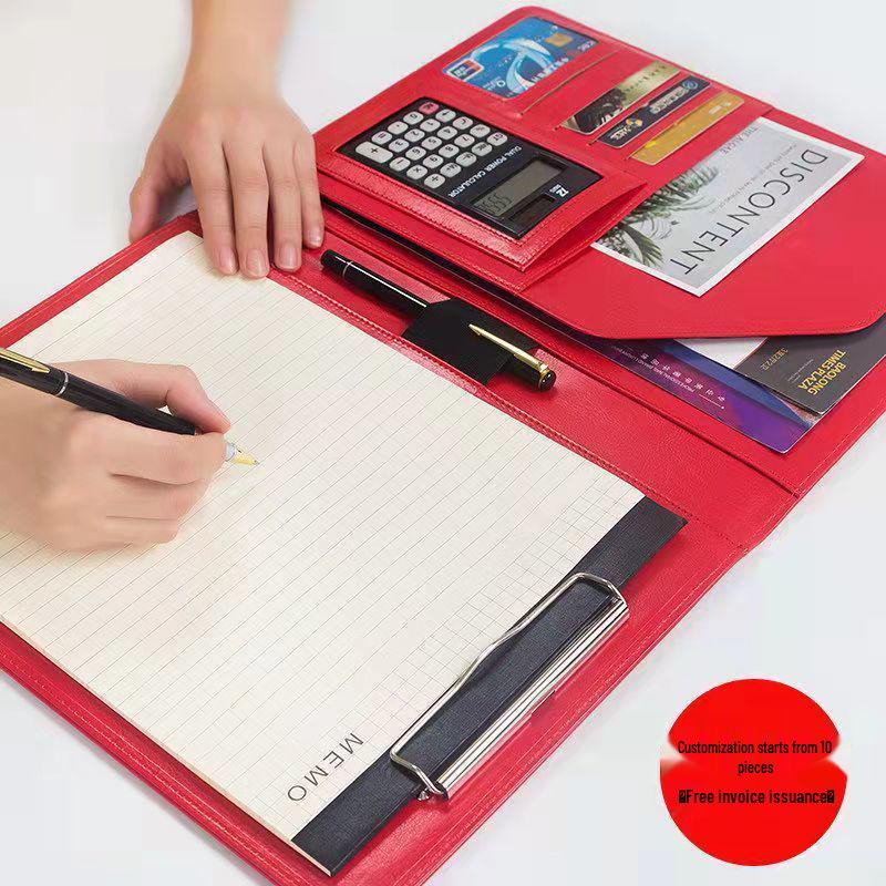 A4 Multi-functional Leather Document Folder with Clip and Storage for Contracts and Work Orders