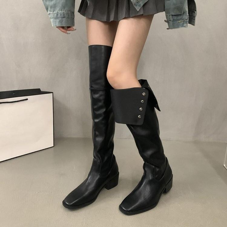 2025 New Spring and Autumn Stacking Boots Small Long Boots Wrinkled and Thin Suede Thick Heel Long Tube Two Wear Knight Boots