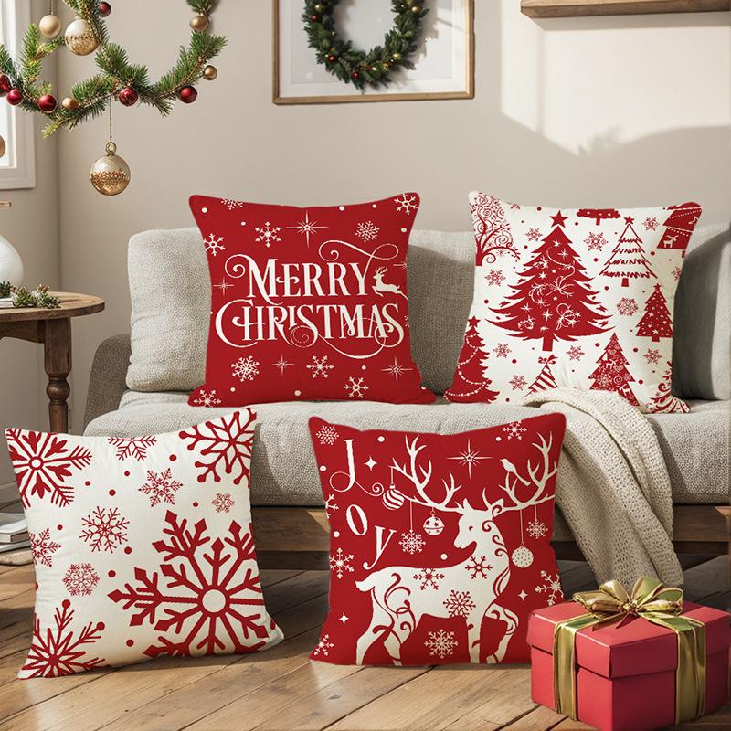 Red Christmas Printed Pillow Cover Nordic Style Polyester Printed Holiday Decoration Living Room Sofa Cushion Cover Pillow