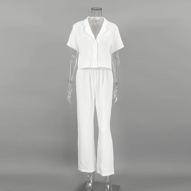 

Fashion Wind Summer Short Sleeve Shirt Pants Suit Short Sleeve Shirt and Pants Set White S