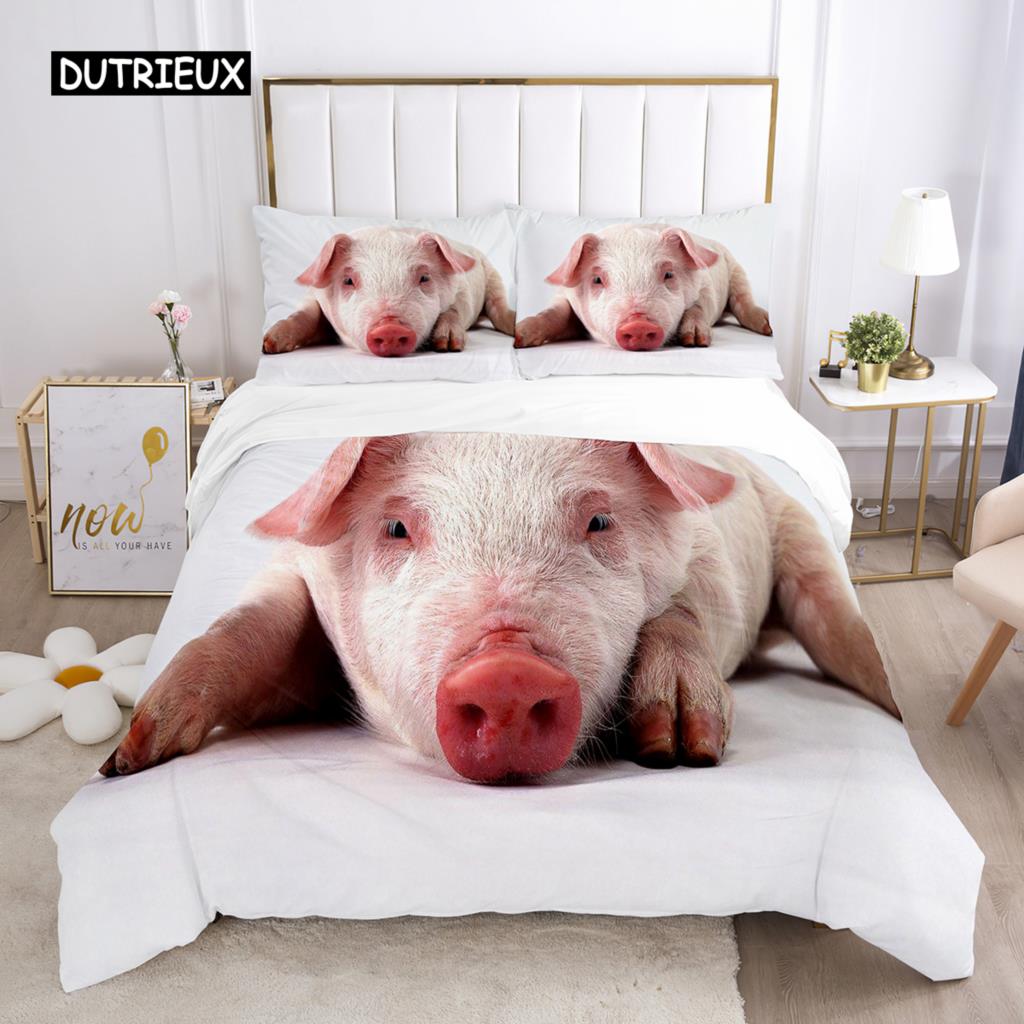Pig Duvet Cover Set Queen Size Microfiber Cute Pig Animal Theme Twin Bedding Set Farm Animal 2/3pcs Quilt Cover for Boys Girls