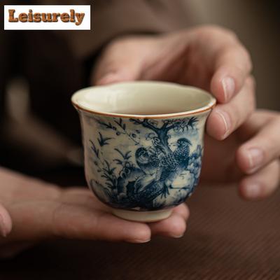 Tazza da tè in ceramica con inchiostro retrò a fiori e uccelli da 50 ml, tazza da tè con bocca a forma di fiore, tazza da tè con degustazione personale, set da tè Kungfu