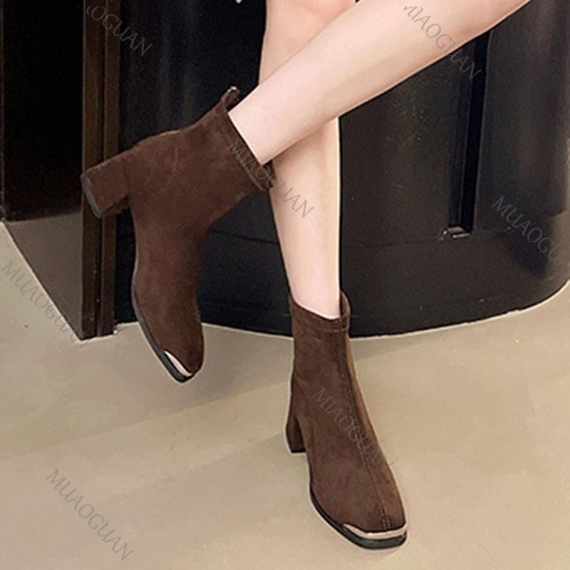 Fashion French Retro Elastic Ankle Boots Suede Thick Heeled Temperament Women's Shoes Suede Back Zipper Square Toe Short Botas Female