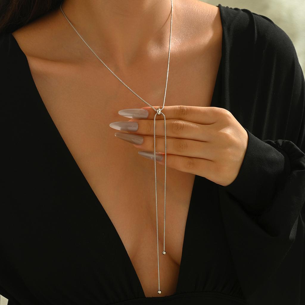 Retro Long Tassel Adjustable Necklace for Women Stainless Steel Thin Link Choker Necklace Temperament Sweater Chain Jewelry