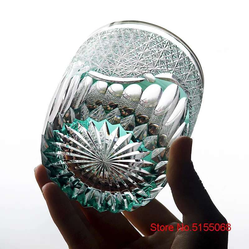 Japanese Top Edo Kiriko Hand Carving Crystal Whiskey Glass Green Chrysanthemum Sea Wave Brandy Liquor Snifter Wine Cup Drinkware