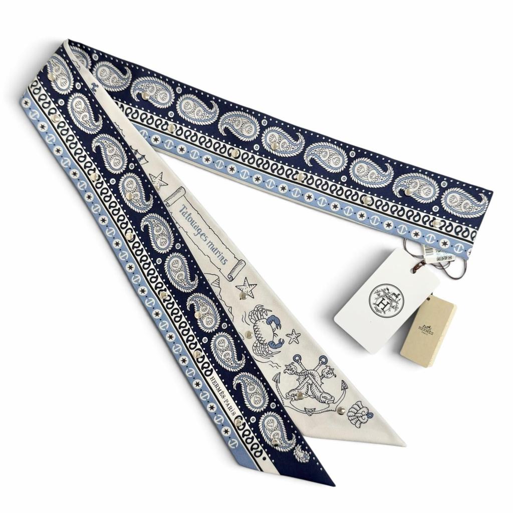 Pristine HERMES scarf Ruban Krooté Sailor's Tattoo Bandana silk Women H853374S Used
