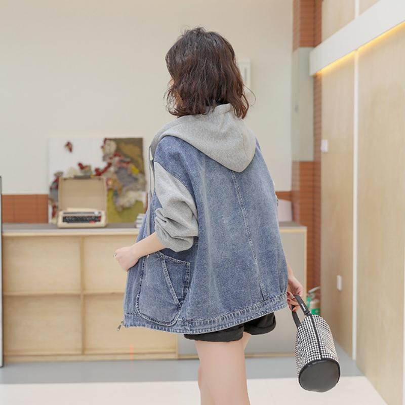 Hooded Denim Jacket Women's Spring and Autumn Stitching Loose Large Size Short Zipper Small Spring Top