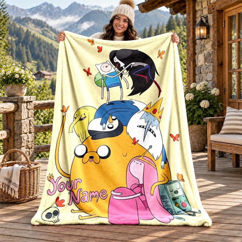 Adventure Time Custom Name Flannel Blanket Personalized Soft Warm Plush Throw Blanket Customized Gift for Family Friends