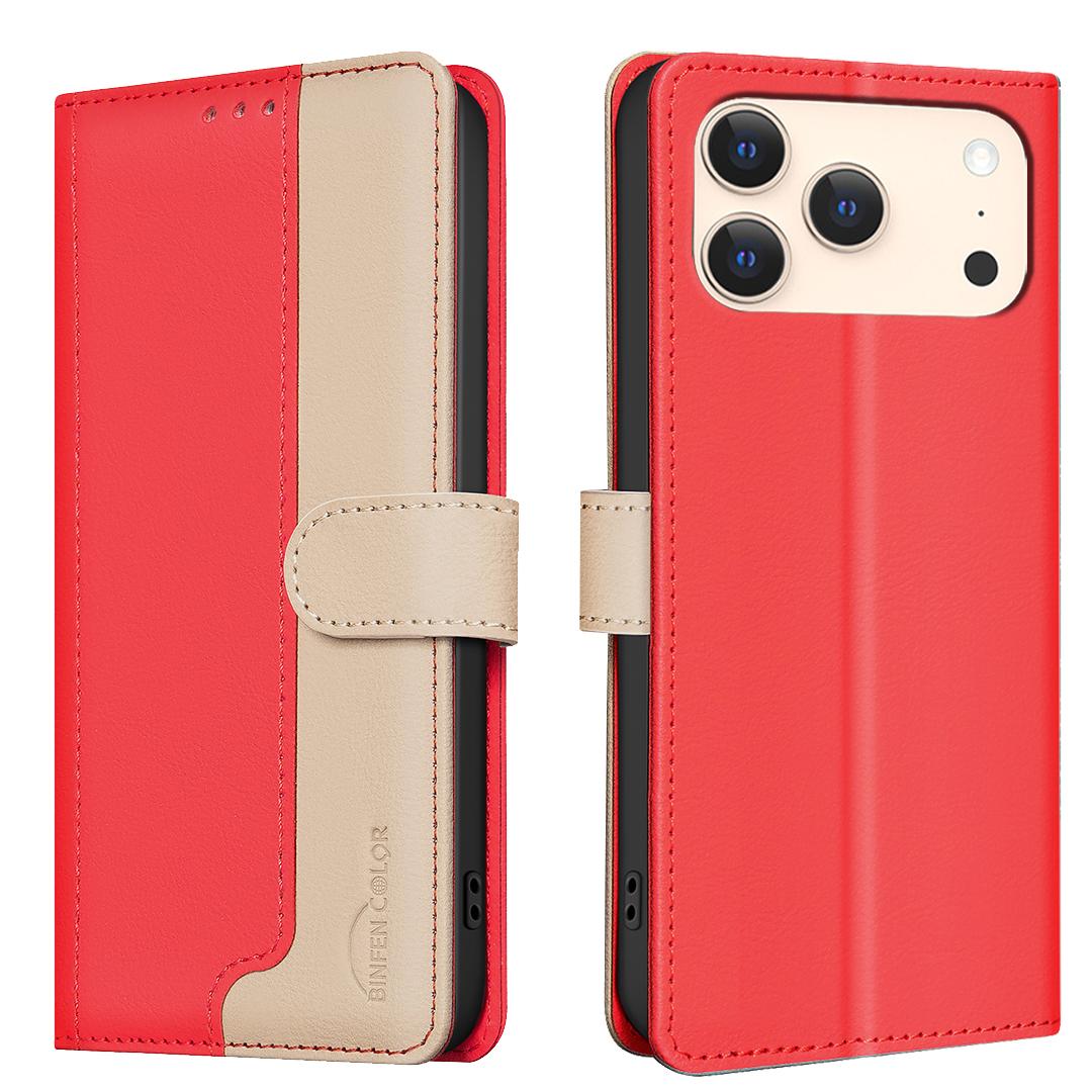 

For iPhone 17 Pro Leather Case BINFEN COLOR Splicing Color RFID Blocking Wallet Stand Phone Cover Red