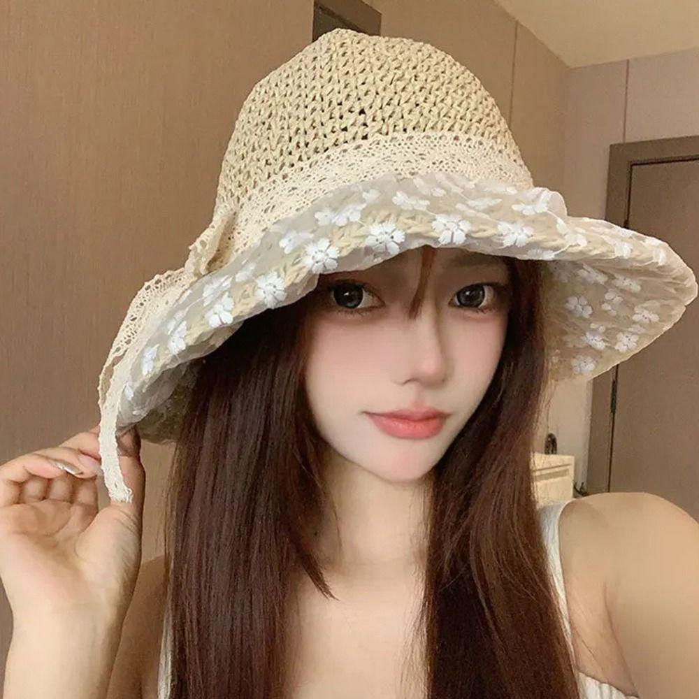 Large Brim Flower Sun Hat Anti UV Lace Bowknot Sunshade Cap Summer Woman's Straw Hat Outdoor