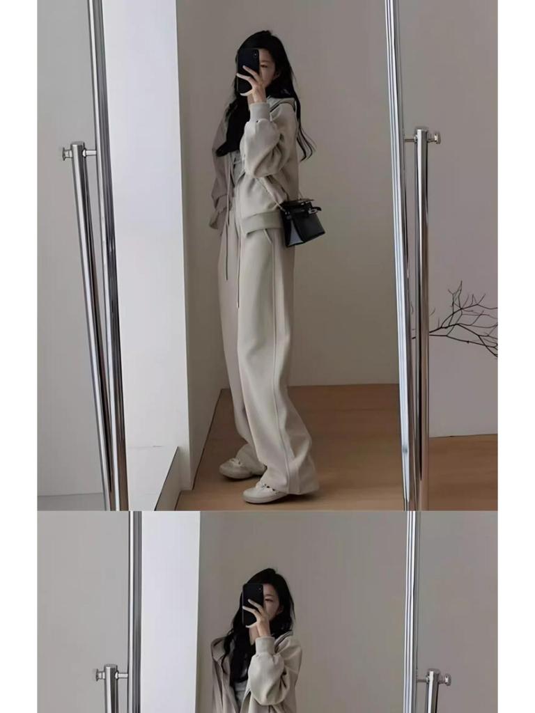 Plus Size Women's Autumn Street Style Jacket & Sports Two-Piece Set - Slimming & Fashionable