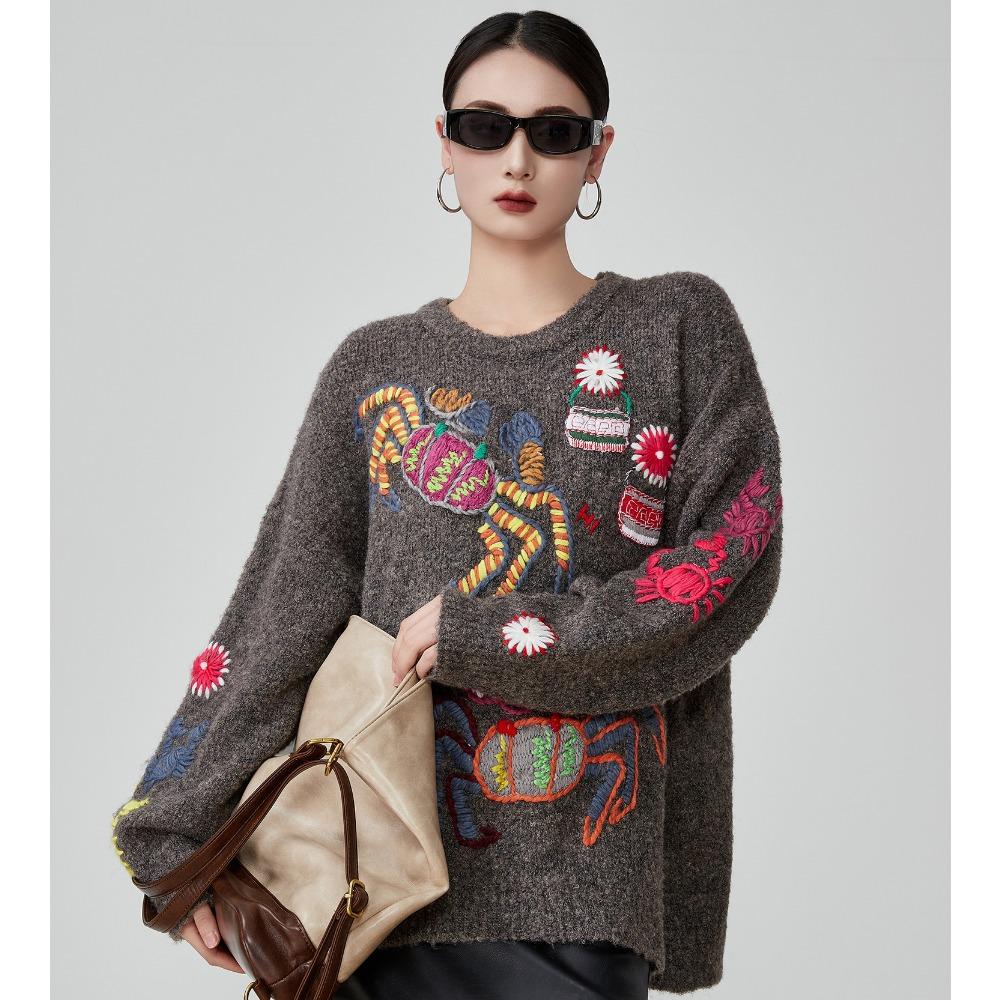 Dimanaf 2025 Women Autumn Embroidery Sweater Design Basic New Fashion Tops Tees Casual Loose Tees