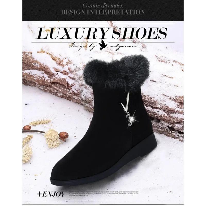 Plush Womens Boots Comfortable Hick-soled Fur Shoes Fashion Ladies Shoes Zipper Women Vulcanized Shoes Anti-slip Chaussure Femme