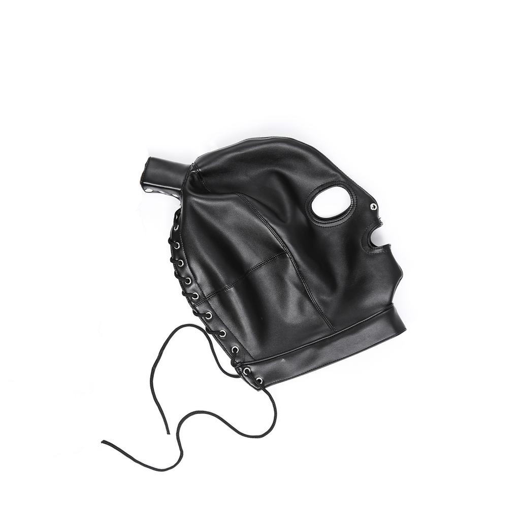 TleMeny Latex Unisex Hood Mask Sexy PU Leather Masks Men Women Cosplay Flirting Hair Ponytail Chest Belt Headgear Sexy Cosplay