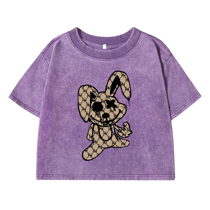 Cute Rabbitprinting Women Wash Short T Shirt Summer Breathable Street Tees Casual Distress Midriff-Baring Tops Female