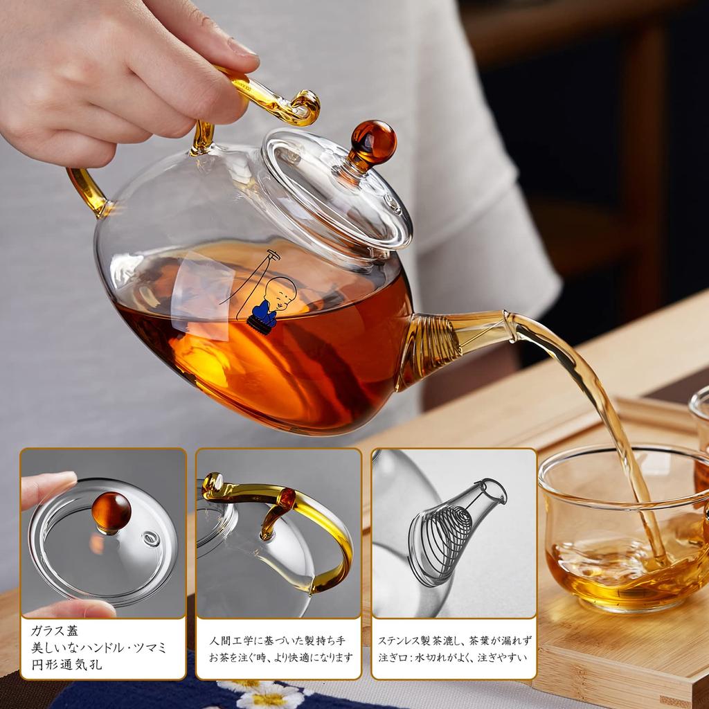 Pokaro Tea Glass Teapot, Heat-Resistant, Clear, Shatter-Resistant, Zen, Monk-Style, Round Teapot for Black Tea, Green Tea, Fruit Tea, and Loose Leaf