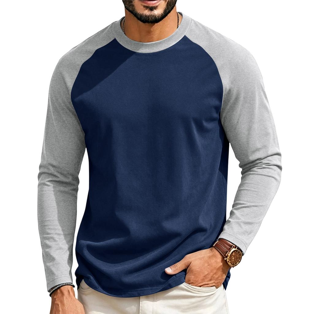 T-shirt da uomo a maniche lunghe raglan, girocollo, vestibilità regular, casual, leggera, tessuto morbido, comoda per l'uso quotidiano