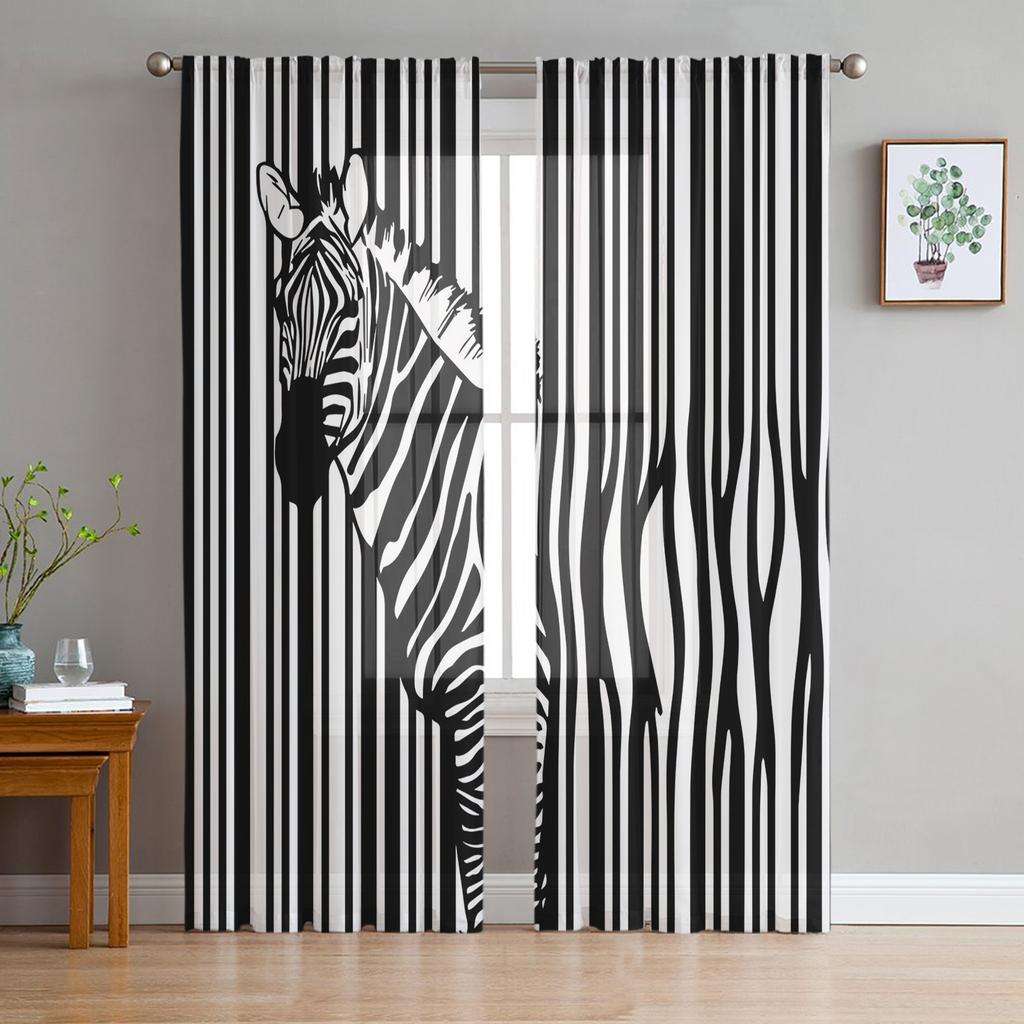 Luxury Sheer Window Curtains Zebra Skin Texture Kitchen Bedroom Living Room Tulle Curtains Study French Window Chiffon Curtains