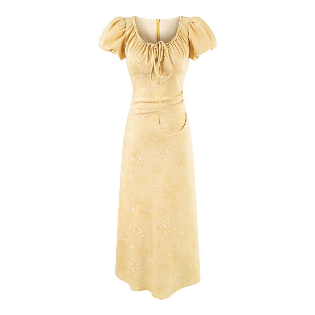 Premium Summer New French Gentle and Elegant Jacquard Drawstring Temperament Waist and Thin Long Dress