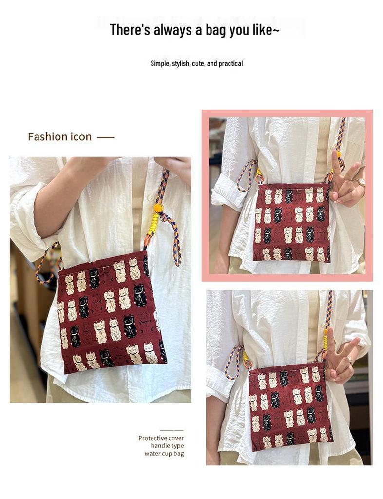 Adorable Lucky Cat Handbag: Lunch & Snack Bento Box, Mobile Phone Carrier, Crossbody & Hand-Carried Cloth Bag