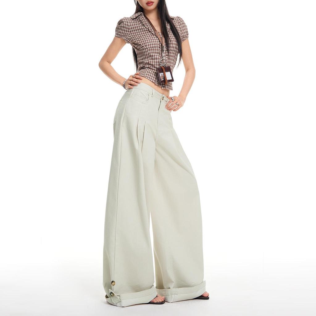 2026 Spring Women's American Style Cuffed Casual Wide Leg Pants - Loose, Comfortable, Slimming Drape