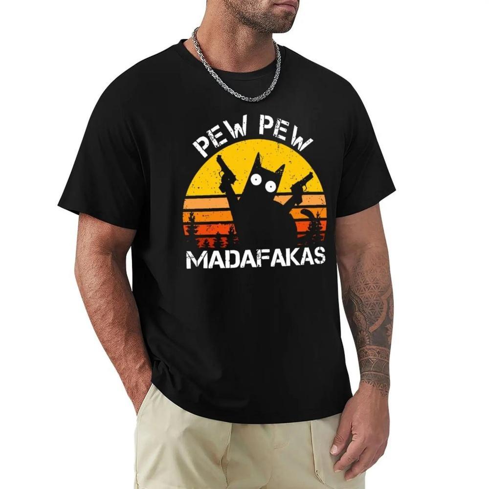 

Pew Pew Madafakas Cat With Two Guns Printing Чоловічі футболки Літні бавовняні футболки Дихаючий вільний одяг Хіп-хоп вуличні футболки XXXXXL чорний