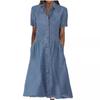 Women's Casual Denim Shirt Dress - Summer Short Sleeve Button-Down Midi Dress with Collar and Pockets, Comfortable Stretchy Jean Dress