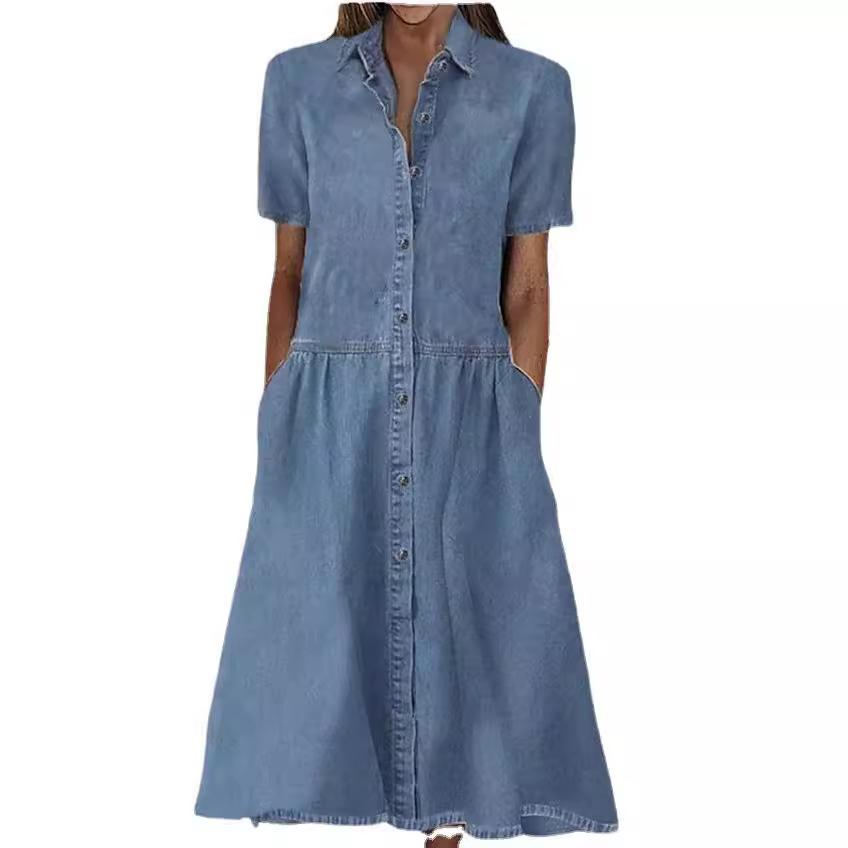 Women's Casual Denim Shirt Dress - Summer Short Sleeve Button-Down Midi Dress with Collar and Pockets, Comfortable Stretchy Jean Dress