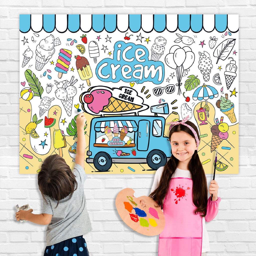 Paper Table Cloth For Coloring, Creative Children's Activities,Summer Party Children's Ice Cream Painting Coloring Poster, Excluding Paintbrushes,