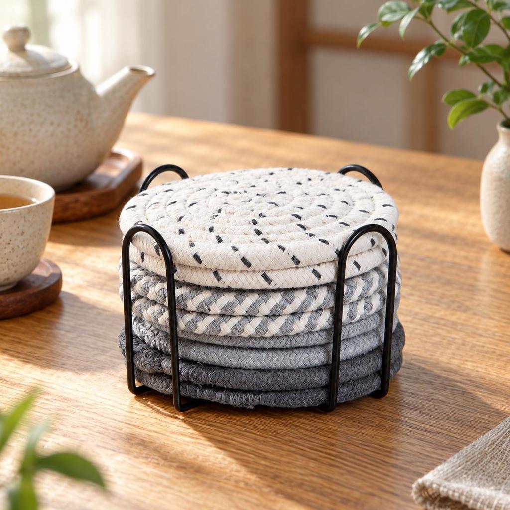 8 Pieces Braided Coaster Washable Set with Metal Storage Rack Reusable Thread Warming Mat