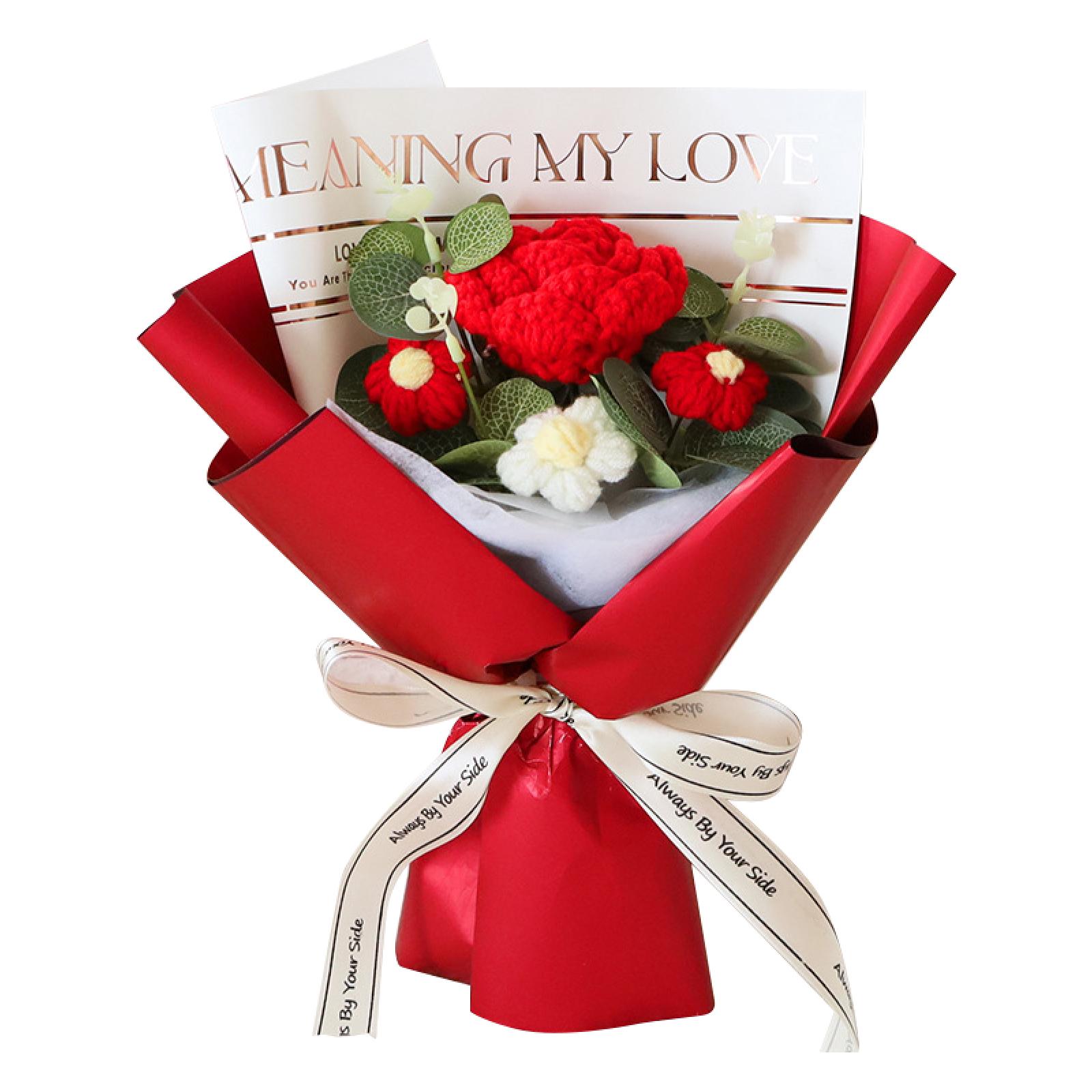 

Knitted Flower Bouquet Home Decoration Hand Woven Knitting Flower for Thanksgiving Day Anniversary Birthday Wedding Grandma червоний