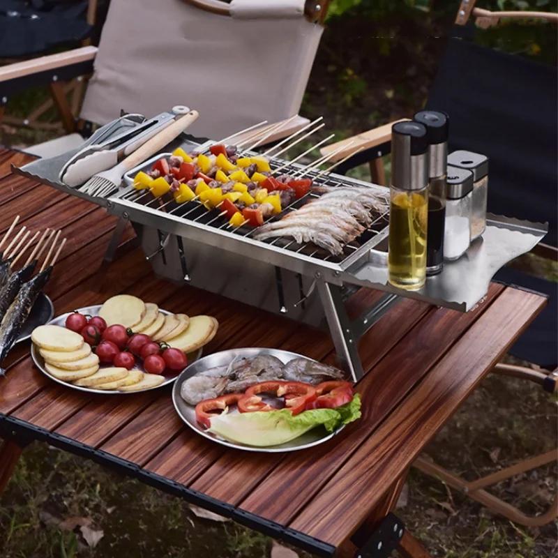 Camping BBQ Stove, Folding Charcoal Grill , Adjustable Furnace Carbon Plate Height,Stainless Steel,Instantly Expand