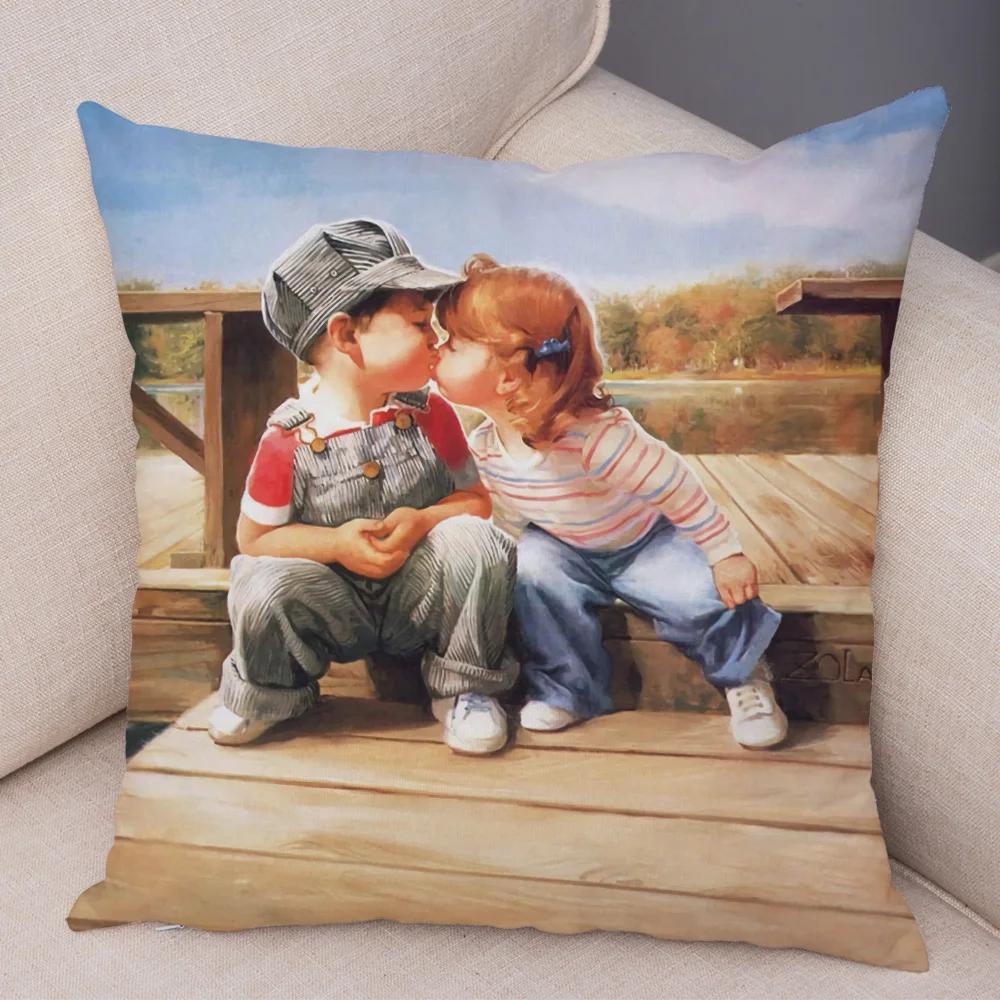 Cute Cartoon Children Cushion Cover Decor Harajuku Oil Painting Lady Pillowcase for Sofa Home Soft Plush Throw Pillow Case