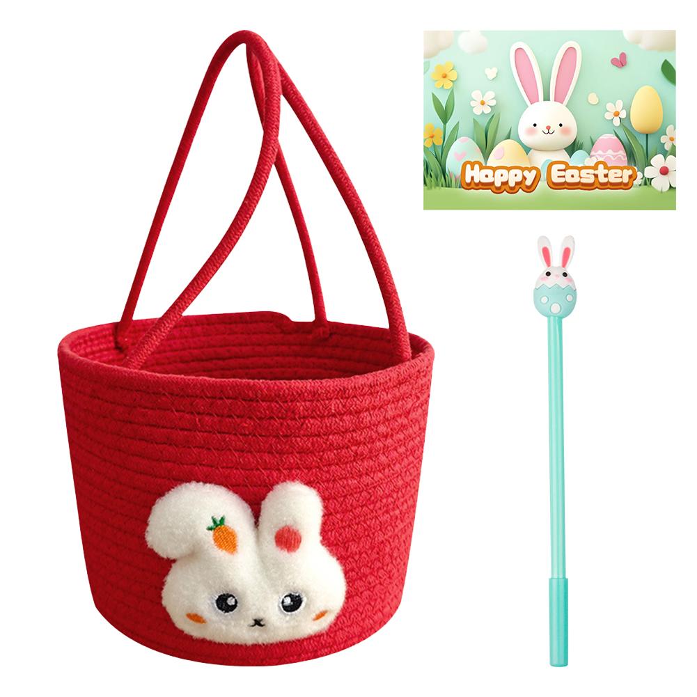 Easter Basket with Handle Bunny Gift Basket Cotton Thread Hand-Woven Basket Easter Gift Storage Basket for Girls Boys