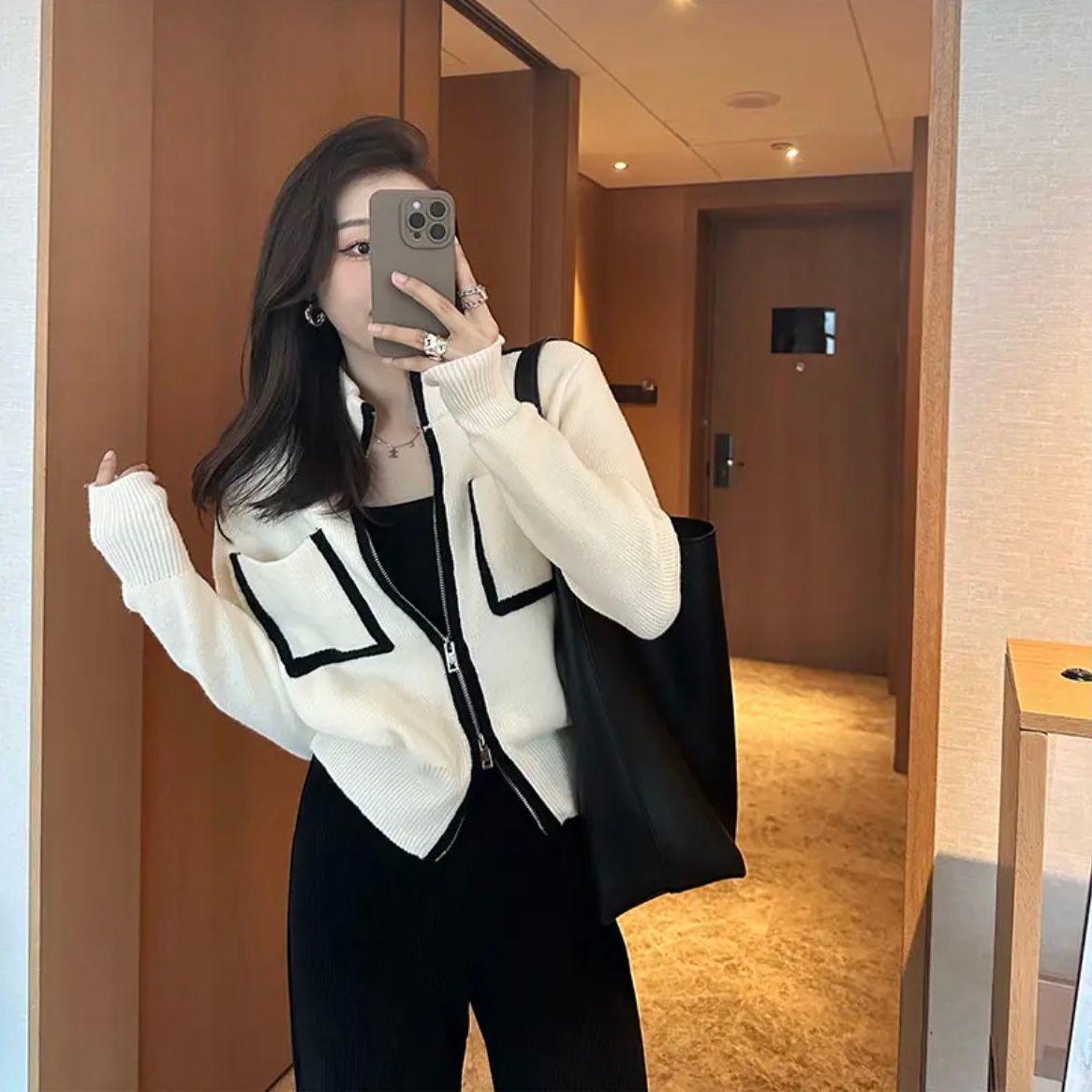 

Женское пальто-свитер в стиле колор-блок на двойной молнии со стойкой - Шикарный вязаный кардиган на осень/зиму One Size белый