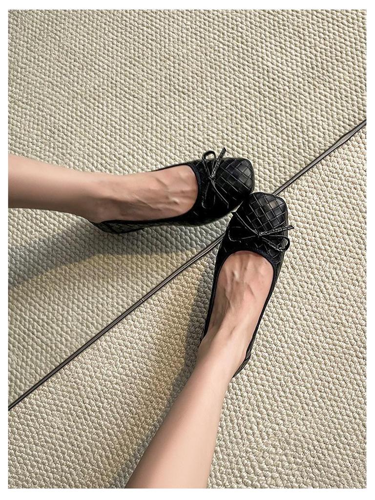 Women's Woven Bowknot Low Heels - Comfortable Square Toe Flats for Spring/Autumn