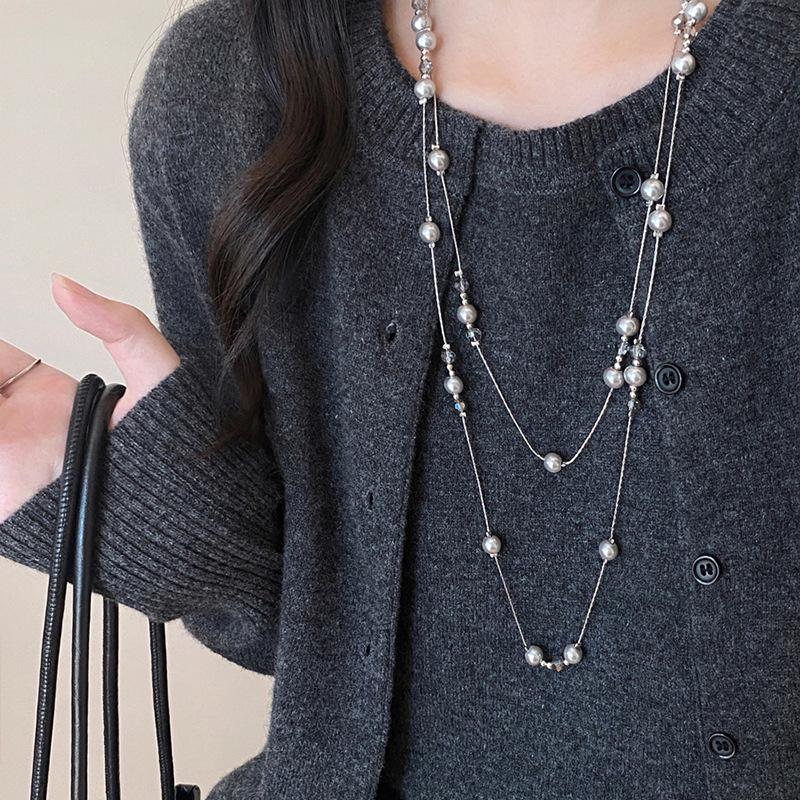 

Double Layered Starry Sky Grey Pearl Necklaces for Women Girls Light Luxury Stacking Long Necklaces Wedding Jewelry Accessories