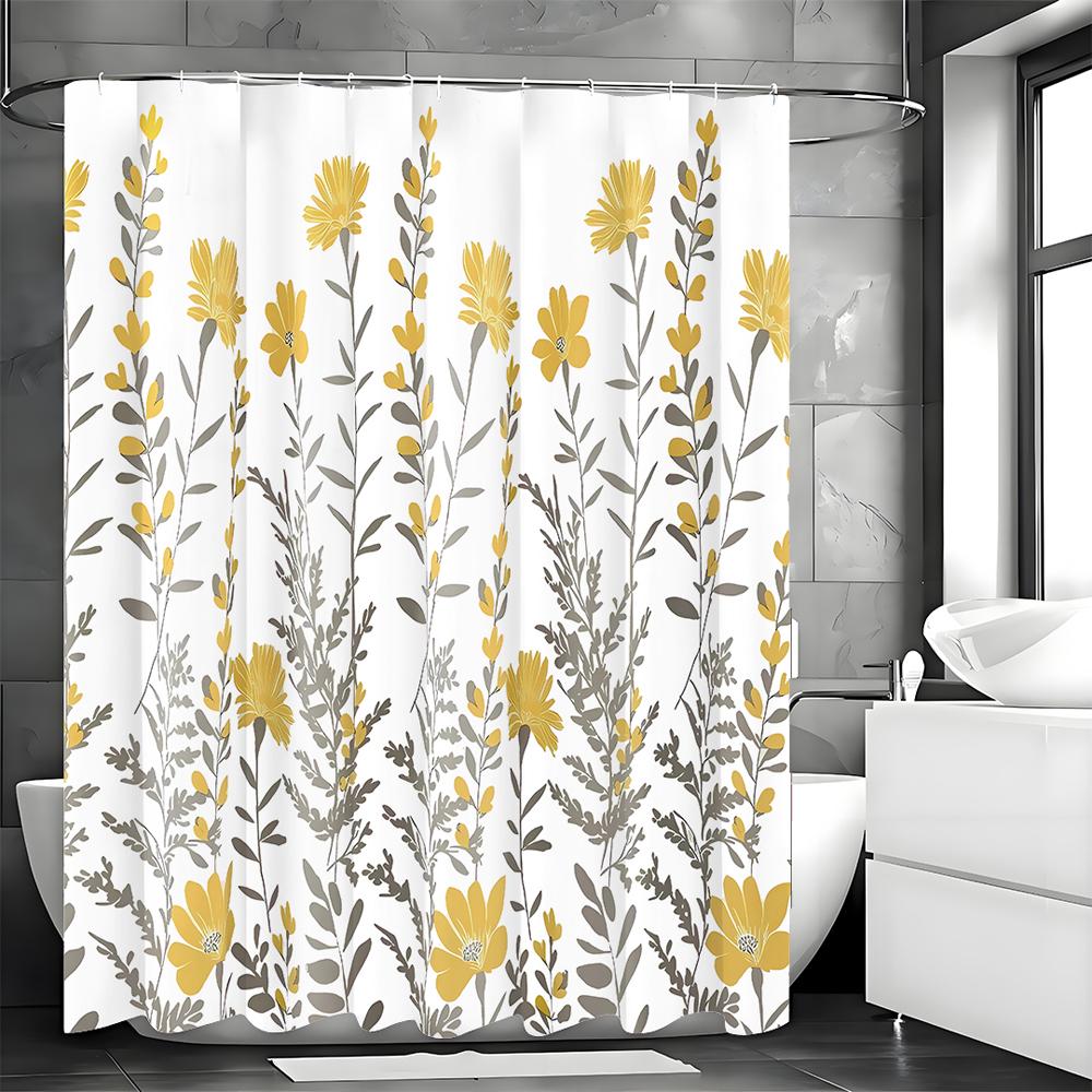Yellow Floral Shower Curtain, Yellow Flower Gray Leaf Bathroom Decorative Shower Curtain, Waterproof Shower Curtain with Hooks