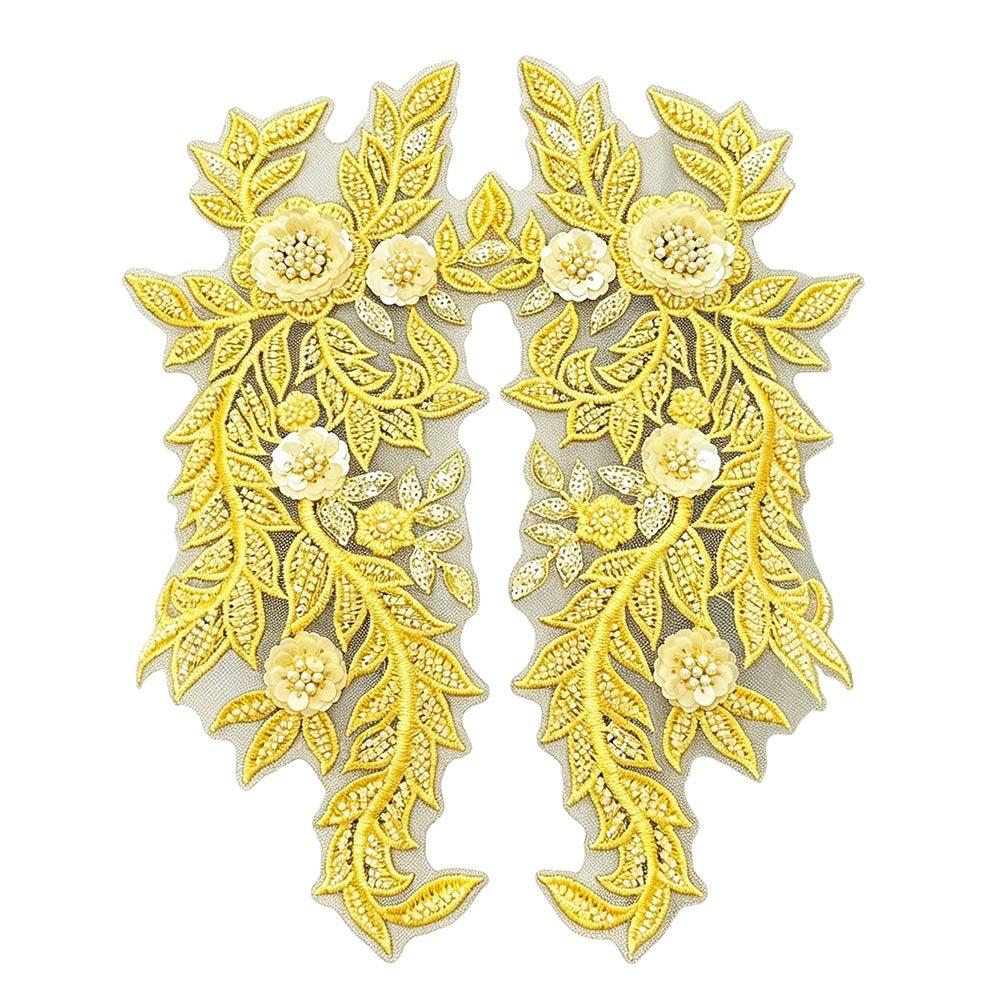 Multi-color Handmade Beads Lace Embroidery Flower Mirrored Flowers Wedding Dress Fabric Floral Design Mesh Lace