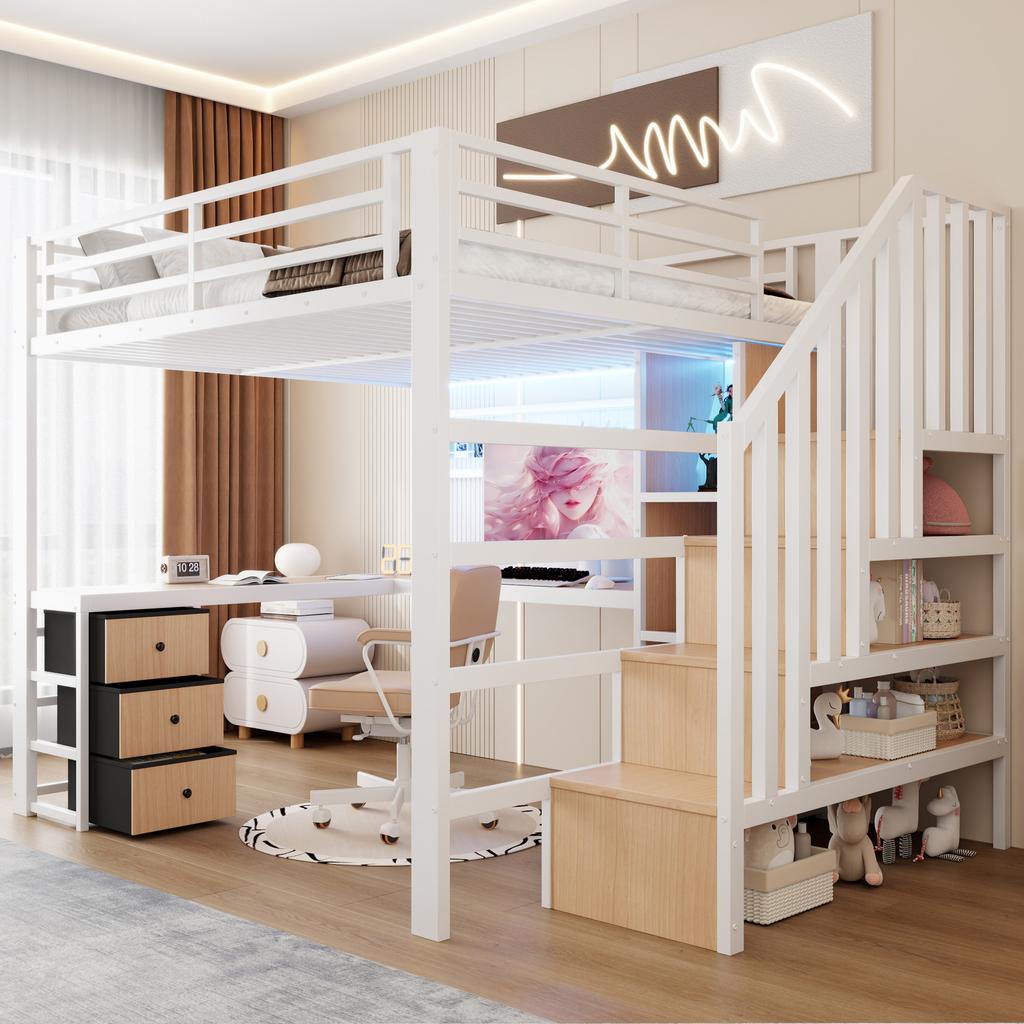 Loft bed, 140 x 200 cm, iron frame, storage compartment, 4 drawers, hanging grid, LED light strip, desk, storage staircase, without mattress, white