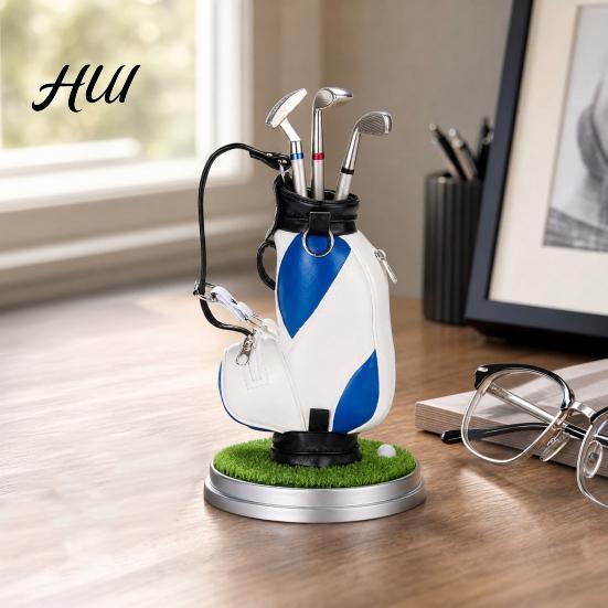 Practical Office Supplies Men Golf Pen Holder Set, Mini Bag Desk Organizer with 3 Set Club Pens, Novelty Decor for Men, Business Gift Desktop