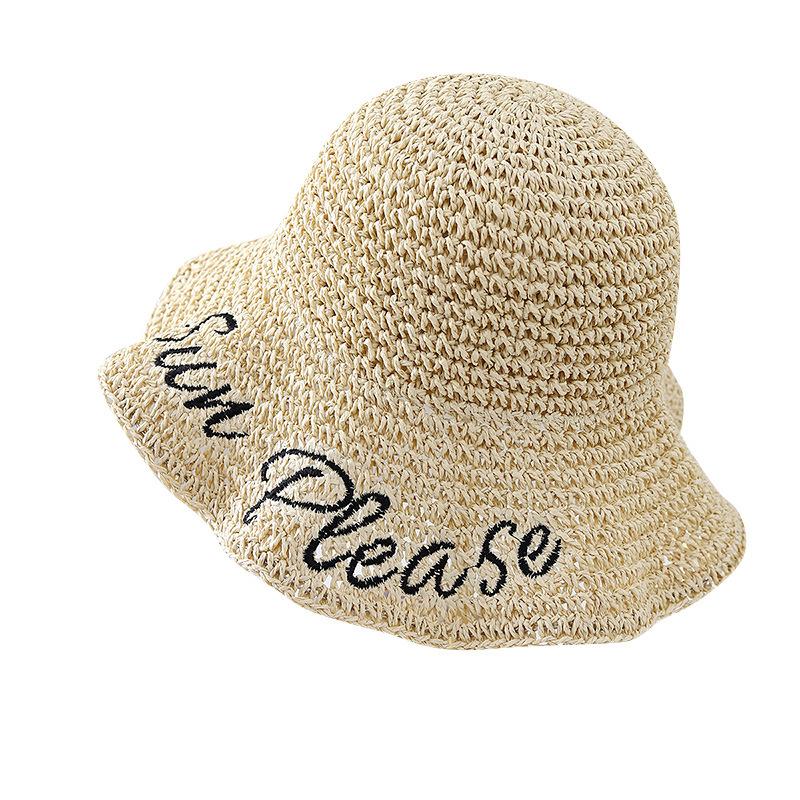 New Straw Hat Female Letter Spring and Summer Hollow Breathable Bucket Hat Seaside Vacation Sun Hat