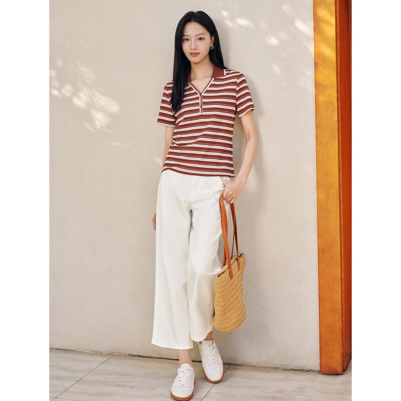 JUZUI Retro Striped Knit Polo T-Shirt